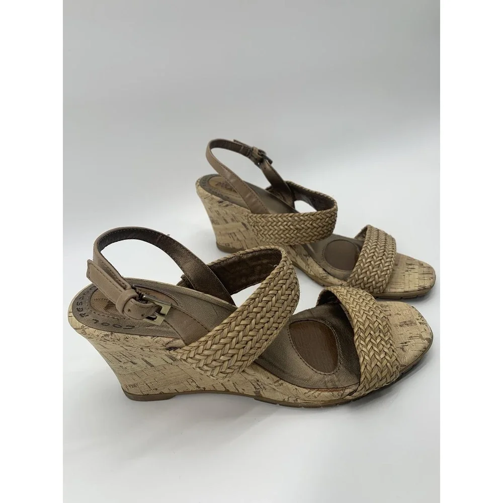 LifeStride Persona Tan Woven Wedge Sandals Womens 8.5M Cork Slingback Bronze